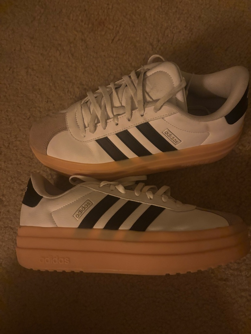 adidas White Sneakers with Black Stripes and Gum Platform Sole